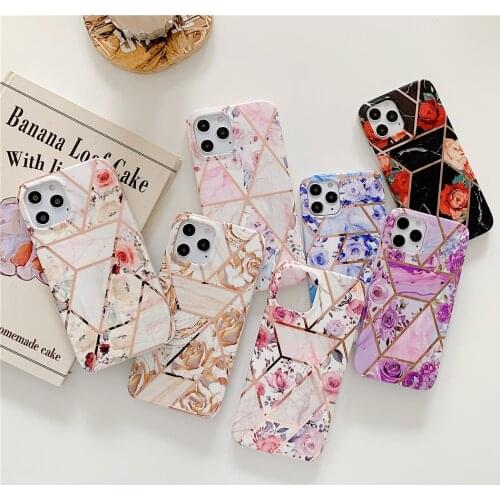 Plating Marble Flower Pink Rose Black Phone Case For iPhone 11 12 Mini XS Pro Max XR X 7 8 Plus SE 2020 Glossy Soft Back Cover