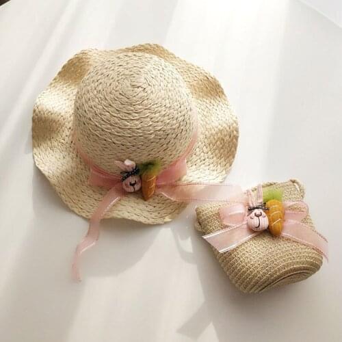 Kids Large Wide Brim Straw Woven Sun Protection Beach Hat Cute Summer Floppy Bucket Cap Portable Handbag Girls