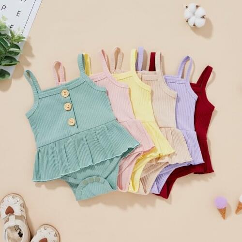 Toddler Cute Summer Jumpsuit Cotton Casual Solid Color Ribbed Spaghetti Strap Sleeveless Romper Dress for Baby Girls
