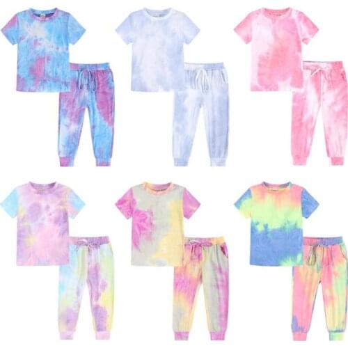 Kids Boys Girls Sets Summer Tie-Dye Printed Long Sleeve Pullover Tops Pants Home Wear 2Pcs Outfit Casual sportswear