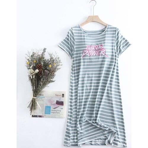 Modal print with chest pad short-sleeved long dress pajamas striped loose thin large size dress female summer home service