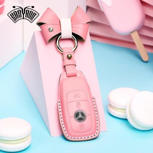 Leather smart car key case, remote macaron keychain cover with keychain ring suitable for Benz key cover