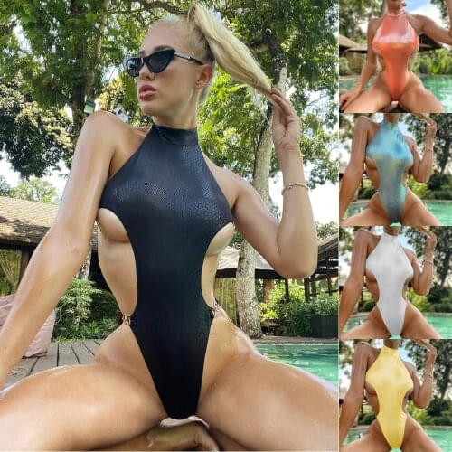 High Waist Swimsuit Female Halter Swimwear Women One Piece Swimsuit Sexy Monokini Backless Thong Swimming Suit Shining Beachwear