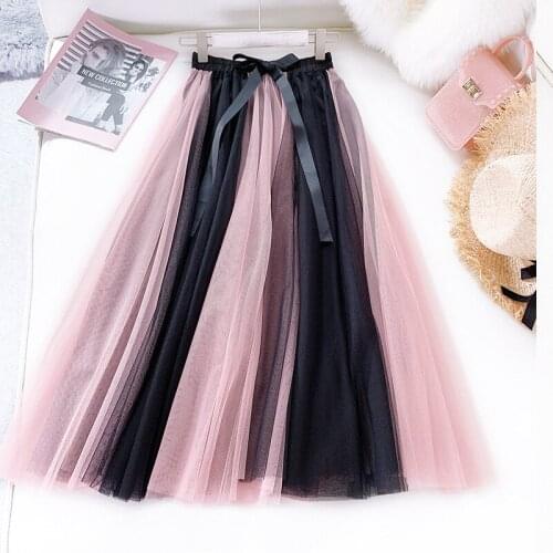 Fashion Women Skirt Bow Tie Hallow Out Mesh Patchwork Long Skirts Female Elegant Lace Skirt Summer Autumn Big Swing Skirt Faldas