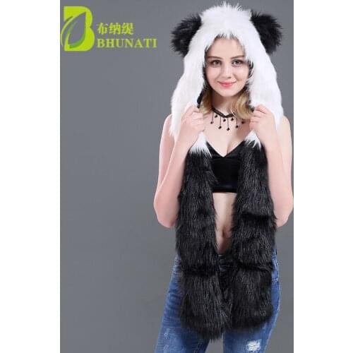 New winter Panda Faux Fur Hood With Scarf Gloves Animal Hoods Hat Cute animal Faux Fur Hat Cap Beanies Cartoon Wolf Hat