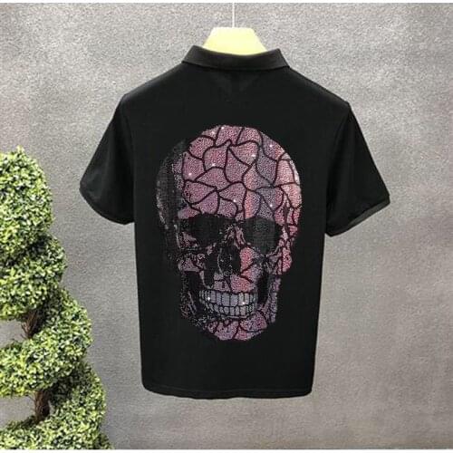 2021 New POLO Shirt Spring Mens Rhinestone Skull Design Short Sleeve Fashion Business Street Youth White Tops