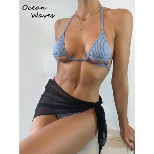 2021 New Women Hollow Sexy Split Swimsuit Knitted 3Pieces Bikini Set Swimwear With Black Mesh Veil Skirt Push Up Bathing Suit