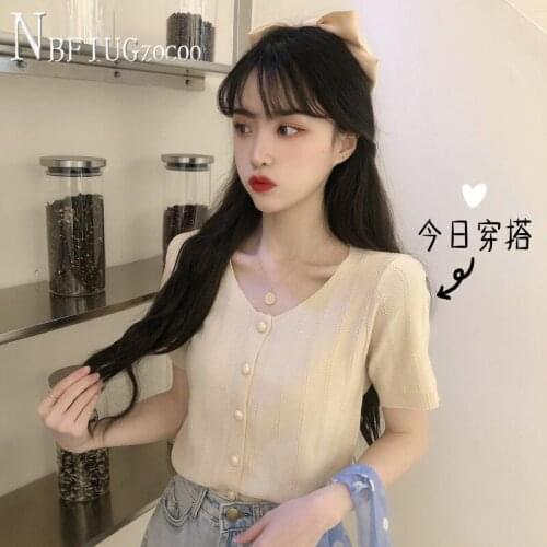 2020 Summer New Single Breasted Women T Shirt Round Neck Knitting Female Tee Shirts