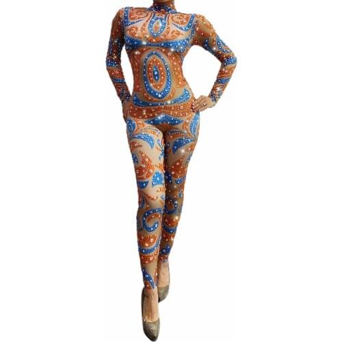 New Sexy Stage Spandex Print Shiny Rhinestones Jumpsuit Women Performance Bar Singer Dancer Skinny Rompers Party Costume Dress