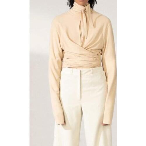 2020 Autumn and Winter Knotted Small Tie High Neck Long Sleeve T-shirt Irregular Cross Tie Top