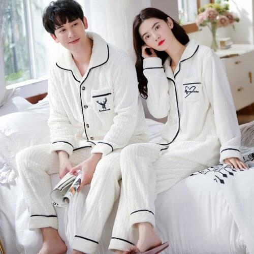 Couple Sleepwear Long Sleeve White Pajamas Sets Thicken Soft Flannel Pyjamas Pijama Women Men Lover Loungewear Plus Size Pj Set