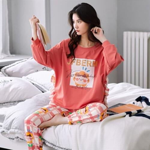 Pajama girl spring autumn long sleeve cotton Korean cartoon cute student cotton womens suit autumn and winter home wear