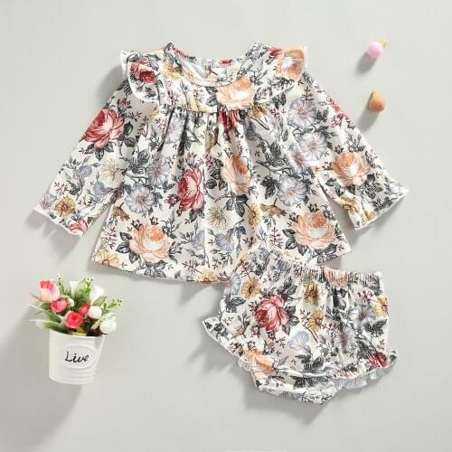 Girls Casual Two-piece Clothes Set Floral Printed Pattern Long Sleeve Pullover and Bloomers Pants Outfit