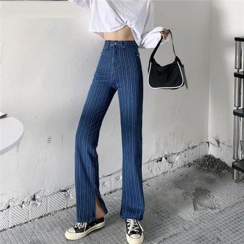 Straight Jeans Women High Waist Korean Style Striped Wide-leg Denim Pants Side Split Casual Loose Streetwear Trouser Femme
