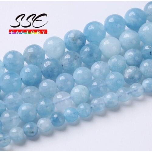 Blue Aquamarines Jades Beads Natural Round Loose Spacer Stone Beads For Jewelry Making DIY Bracelet Accessories 6 8 10 12mm 15"