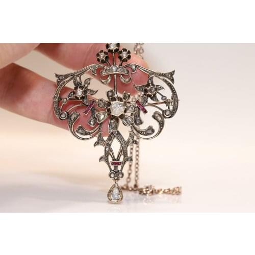Antique Original İslamic 8k Gold Natural Rose Cut Diamond And Caliber Ruby Decorated Pretty