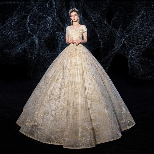 Wedding Dress New Champagne Bride Gown Luxury Sequins Boat Neck Ball Gown Princess Wedding Dresses Custom Size