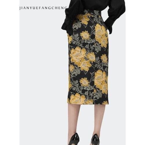 Vintage Yellow Jacquard Women Pencil Skirt High Waist Long Female Autumn Skirts Plus Size Elegant Ladies Office Outwear Skirts