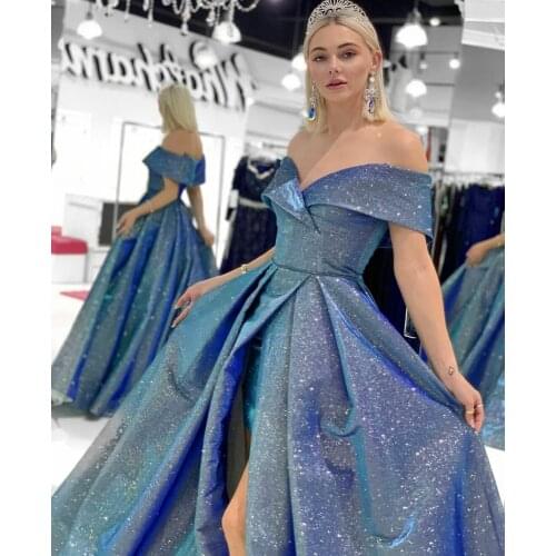 Vintage Long Glitter Off Shoulder Evening Dresses with Pockets Corset Back Side Slit Abendkleider Robes De Soirée for Women