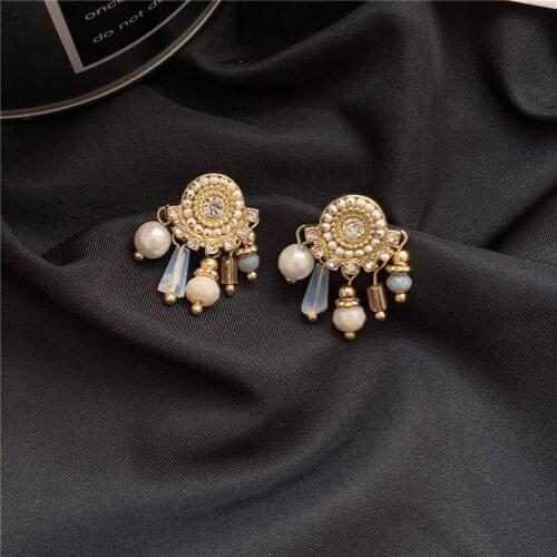 Jouval Vintage Beads Tassel Gold Round Drop Earrings For Women Boho Holiday Jewelry Pearl Crystal Dangle Earring Female Brincos