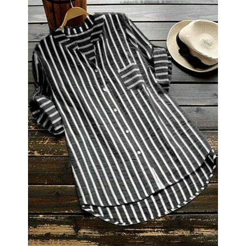 Womens Casual Summer Striped V-Neck Loose Soft Shirt Cotton and Linen Button Down Tunic Shirts Plus Size(S M L XL) Hot Sale