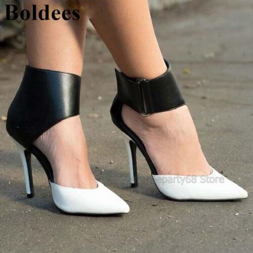 Black Mixed Color White Patchwork Leather Women Thin High Heels Ankle Boots Pointy Toe Hollow Out Short Boots Women Pumps