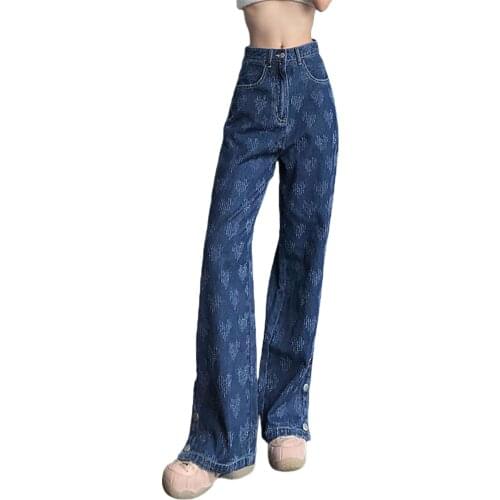 Female Long Jeans, Heart Patterns High Waist Trousers Straight-Leg Pants for Spring Summer Fall, Blue, S/M/L
