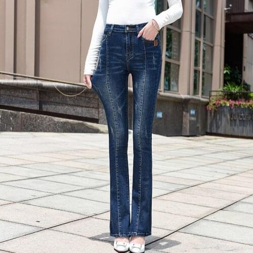 ACRMRAC Women jeans Spring and autumn Slim Solid color Mid-rise jeans elastic force Skinny Straight pants Large size jeans Women