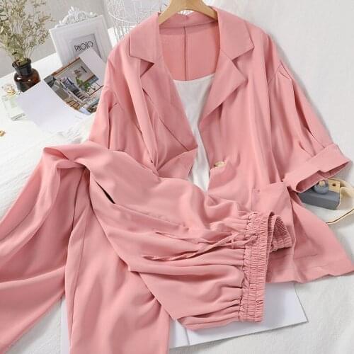 Womens Pant Sets Fashion Korean Summer Loose Suit Collar 3/4 Sleeve Blazer High Waist Wide-leg Pants Mini Vest 3 Piece Set