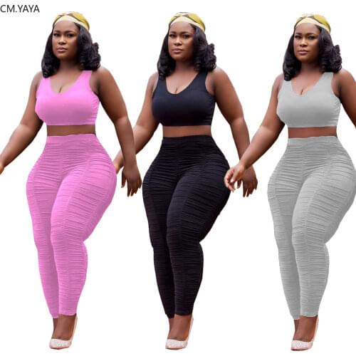 CM.YAYA 2020 Women Outfits Sport Two Piece Set Sleeveless Solid Tank Tops Stacked Jogger Sweatpants Suit Tracksuit Matching Set