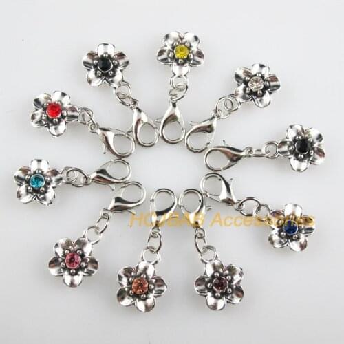 10 New Flower 11.5x15mm Charms Mixed Round Crystal Tibetan Silver Plated Retro With Lobster Claw Clasps