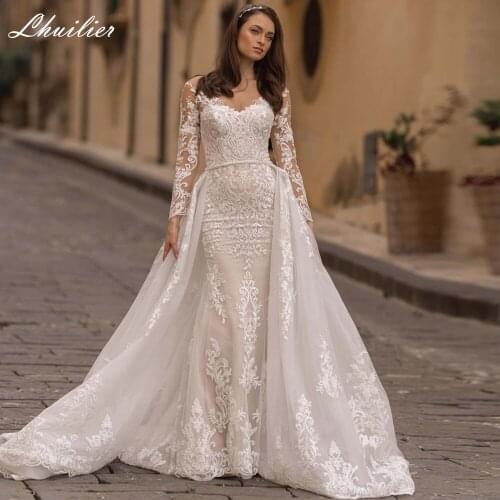 Lhuilier 2 In 1 Lace Mermaid Wedding Dresses 2020 Floor Length Full Sleeves Detachable Train Lace Appliques Bridal Dress