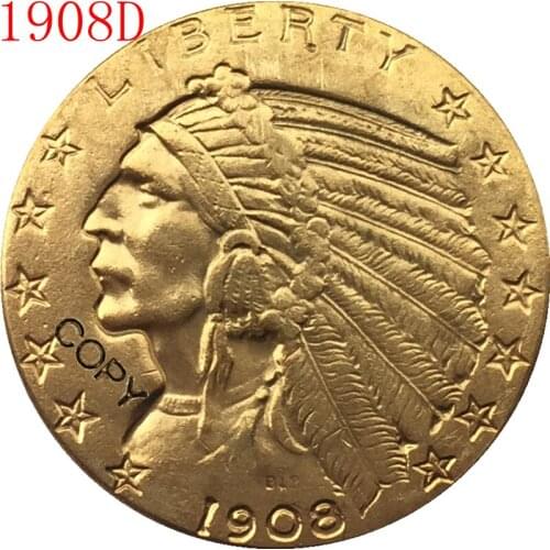 24-K gold plated 1908-D $5 GOLD Indian Half Eagle Coin Copy