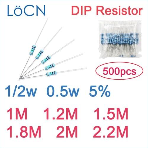 500pcs 5% 1/2W Carbon Film Resistor DIP 1M 1.2M 1.5M 1.8M 2M 2.2M OHM Color ring 0.5w
