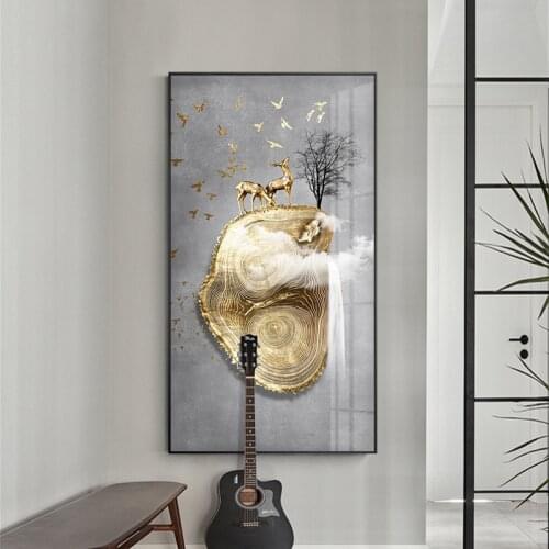 Abstract Gold Deer bird Annual ring Canvas Painting blue stone Poster Print New Chinese Wall Art Pictures for Living Room Poster