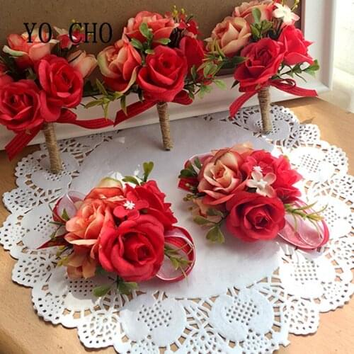 YO CHO Rose Wedding Prom Boutonniere Flower Brooch Groom Bridesmaid Groomsmen Wrist Flowers Hand Corsage Witness Boutonniere