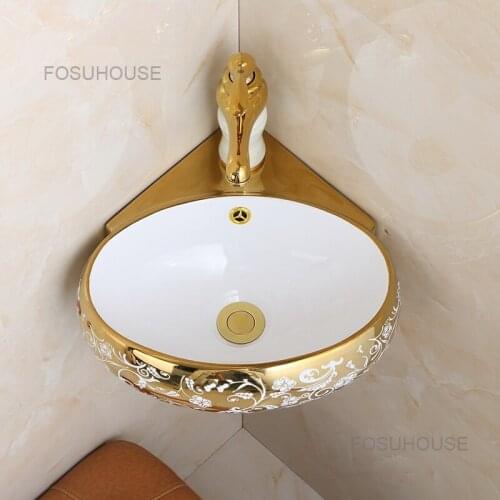 European Gold Mini Ceramic Wall Mounted Bathroom Sinks Small Family Bathroom Corner Basin Small Triangle Basin