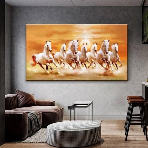 Seven Running White Horse Animals Painting Artistic Canvas Art Gold Posters and Prints Modern Wall Art Picture For Living Room