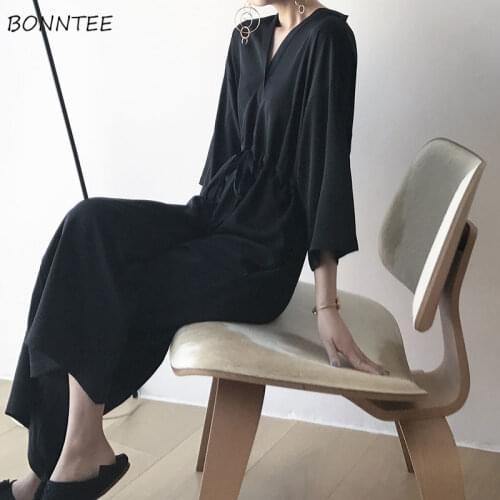 Jumpsuits Women Minimalist Black Cool Japanese Style Wide Leg Leisure Female Shirring V-neck Vintage Streetwear Office Spring