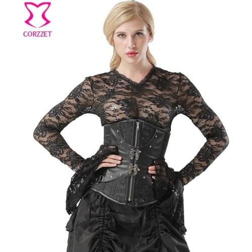 Corzzet Black Leather&Brocade Steel Boned Zipper Underbust Corsets And Bustiers Retro Gothic Waist Slimming Steampunk Corselet