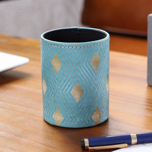 LINKWELL Modern Geometric Gold Diamond Blue Multi PU leather Pencil Cup Pen Holder Desk Organizer Storage Box Case