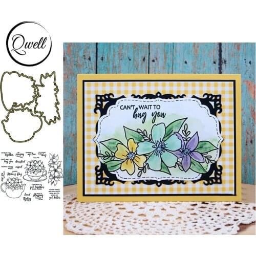 QWELL Flowers Ornament Metal Cutting Dies With Clear Transparent Stamps Can't Wait To Hug You DIY Scrapbooking Making Template