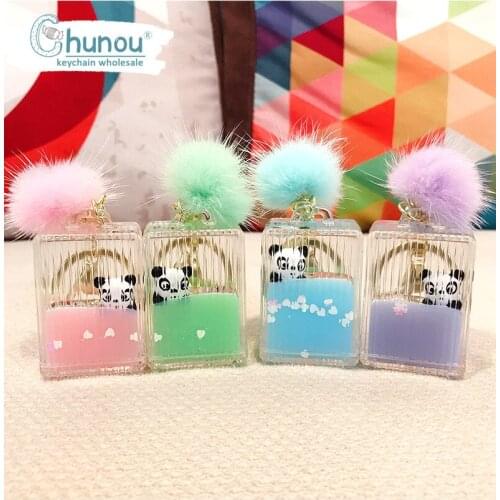 Cute Cartoon Panda Keychain Creative Suitcase Floating Into The Oil Liquid Key Chain Car Keyring Bag Jewelry Pendant Accessories