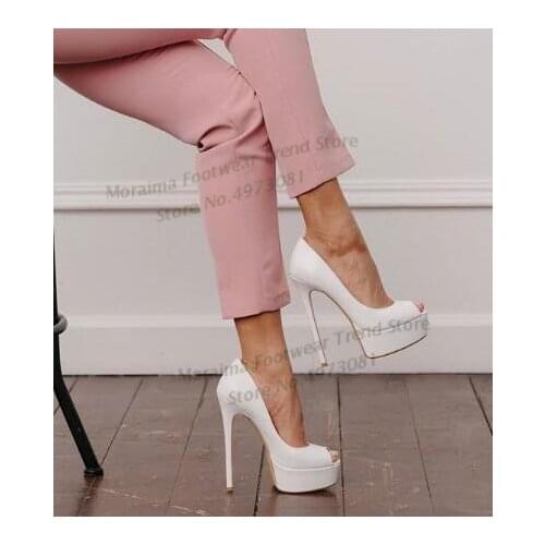 Moraima Snc Peep Toe High Heel Shoes White leather Platform Pumps Woman Sexy Thin Heels Shoes Party Dress Shoe Black 35-43