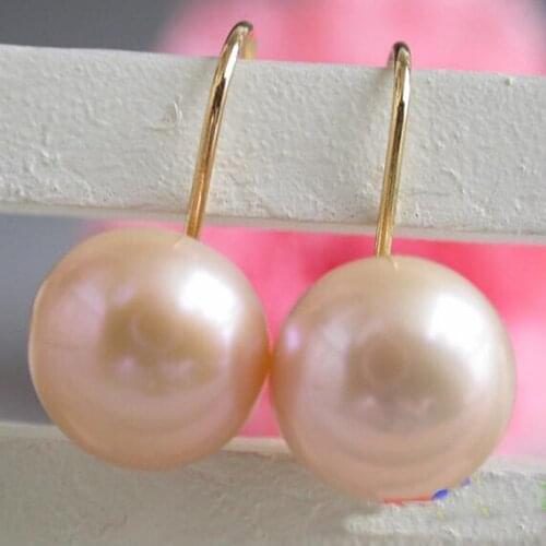New Arrival Favorite Pearl Jewelry 12mm Pink Oblate Round Freshwater Pearl 14k/20 Gold Dangle Earrings Charming Lady Gift