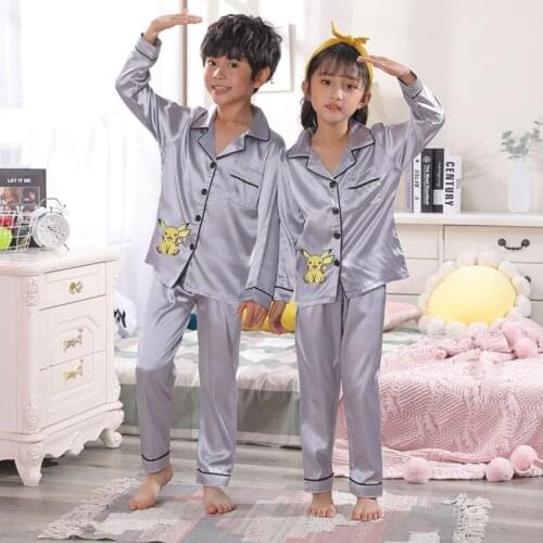 Children Pajamas Sets Pikachu Silk Boys Sleepwear Suit Homewear Girls Pajamas Long Sleeve Pijamas Tops+Pants Children Clothing