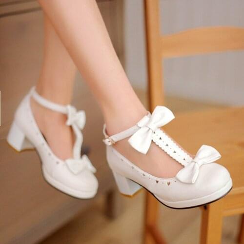 Lolita Shoes White T Strap Mary Jane Pumps Platform Women Shoes Sweet Bow High Heels Kawaii Girls Cosplay Shoes Big Size 40 42
