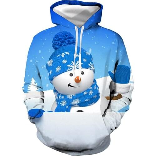 Unisex Blue Snowman Christmas 3D Digital Print Loose Hooded Sweater Pullover Women Men Xmas New Year Baseball Sweatshirt Hoodie