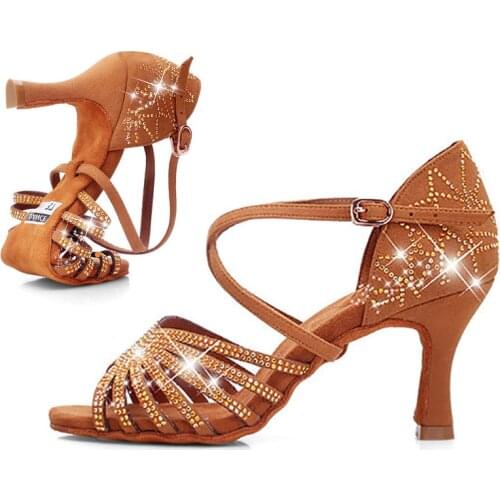 USHINE BD211 heel 7.5cm silk satin quality Latin dance shoes champagne shoes Rhinestone color Salsa Latin dance shoes woman