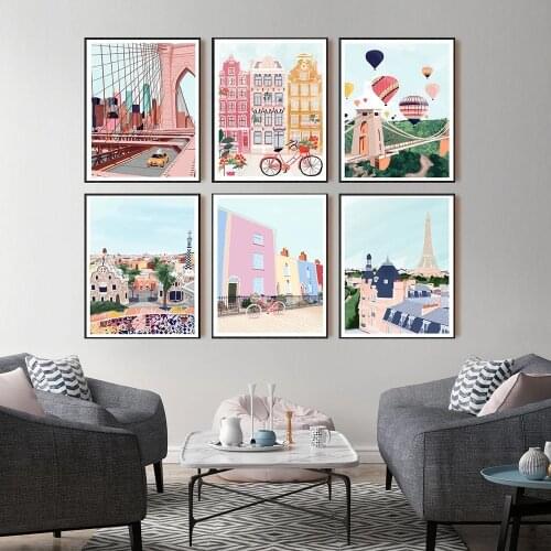 Nordic Vintage Travel Cities Poster New York Paris Barcelona Bristol Landscape Art Canvas Painting Wall Pictures Home Decor